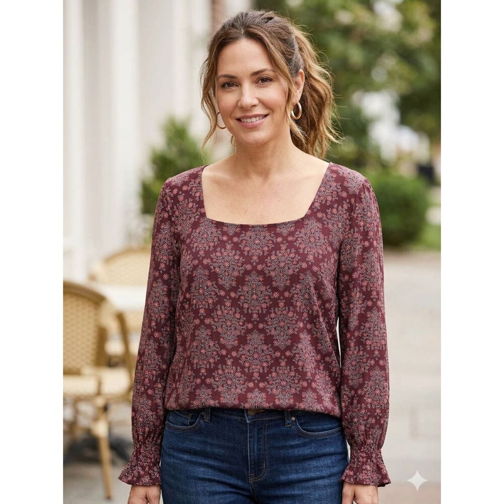 LOFT Burgundy Floral Scoop Neck Boho Long Sleeve Top Size XL